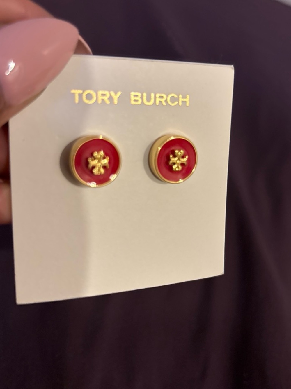 Tory Burch Red Enamel Round Logo Stud Earrings with Gold-Tone Detailing